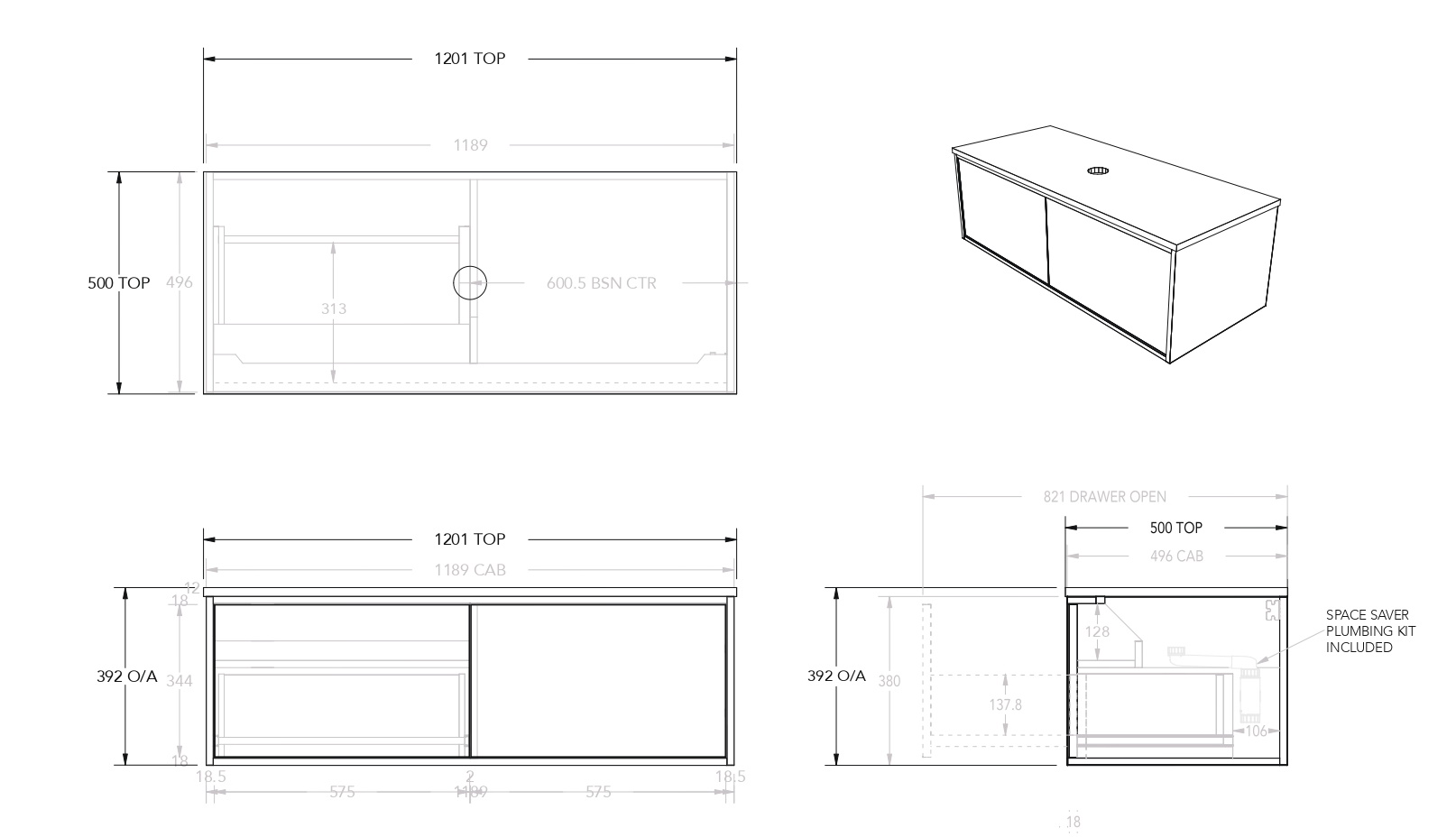ADP Clifton 1200mm Wall Hung Vanity with Centre Bowl & Cherry Pie Top
